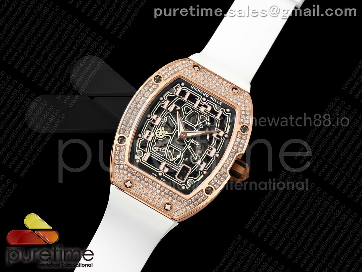 Mille Studio RM67-01 RG Skeleton Dial Diamonds Bezel on White Rubber Strap CRMA6 Clone