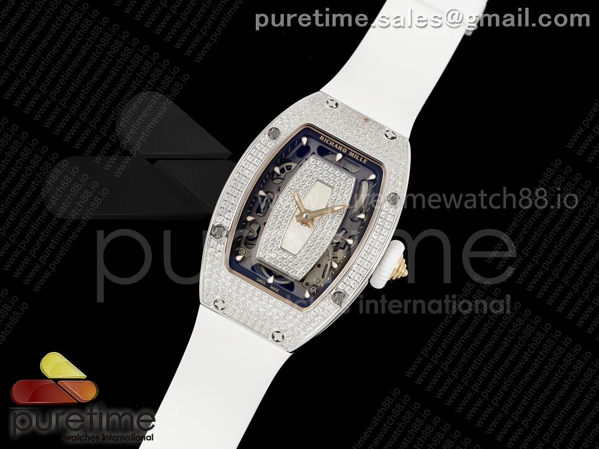 RM07 Ladies Full Diamonds SS ZF 1:1 Best Edition White MOP Dial on White Rubber Strap CRMA2 Clone