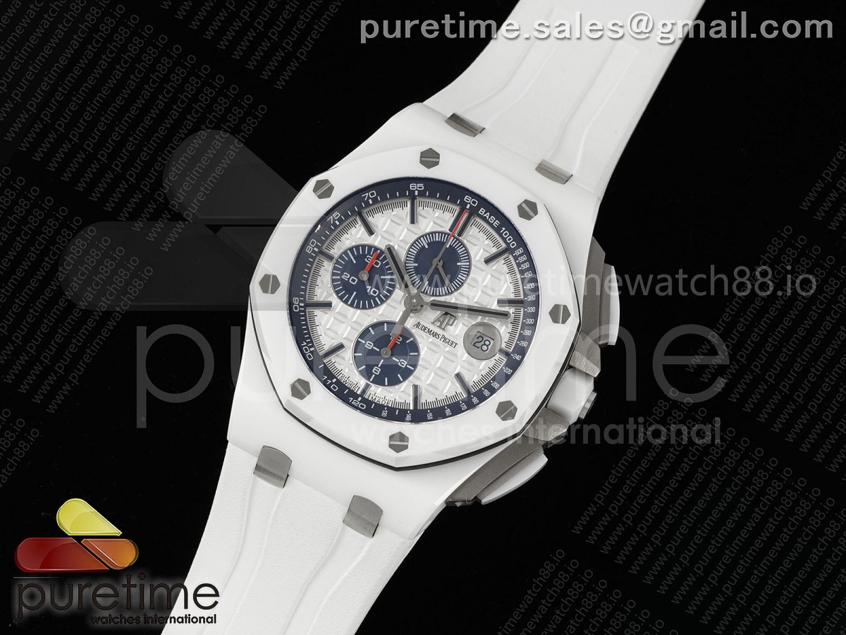 Royal Oak Offshore 44mm White Ceramic APJF 1:1 Best Edition White Dial on White Rubber Strap A3126