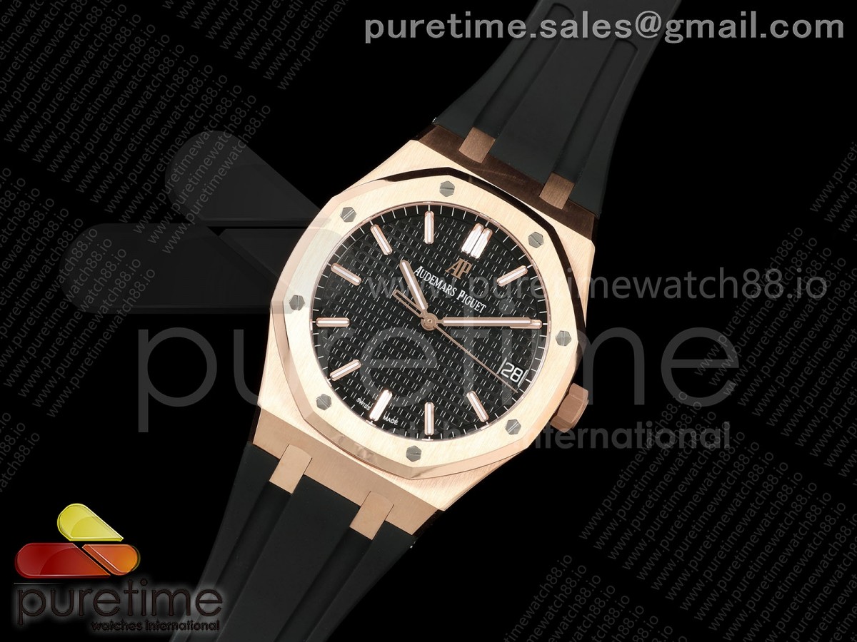 Royal Oak 15500 RG APSF 1:1 Best Edition Black Dial on Black Rubber Strap SA4302 Super Clone V3 (Free Sprung)