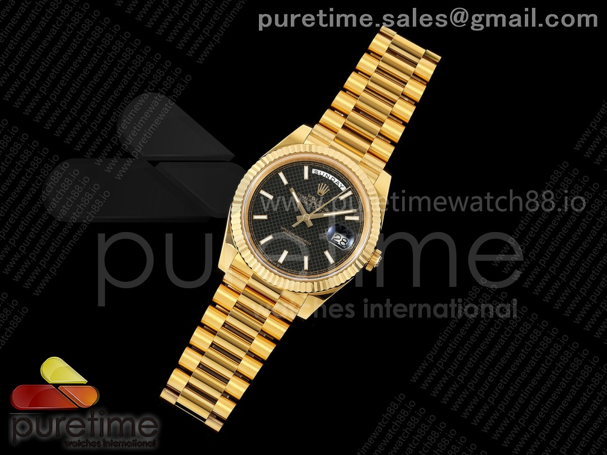 Day Date 40 YG EWEF 1:1 Best Edition Black Textured Stick Dial on President Bracelet A3255 (Weighted)