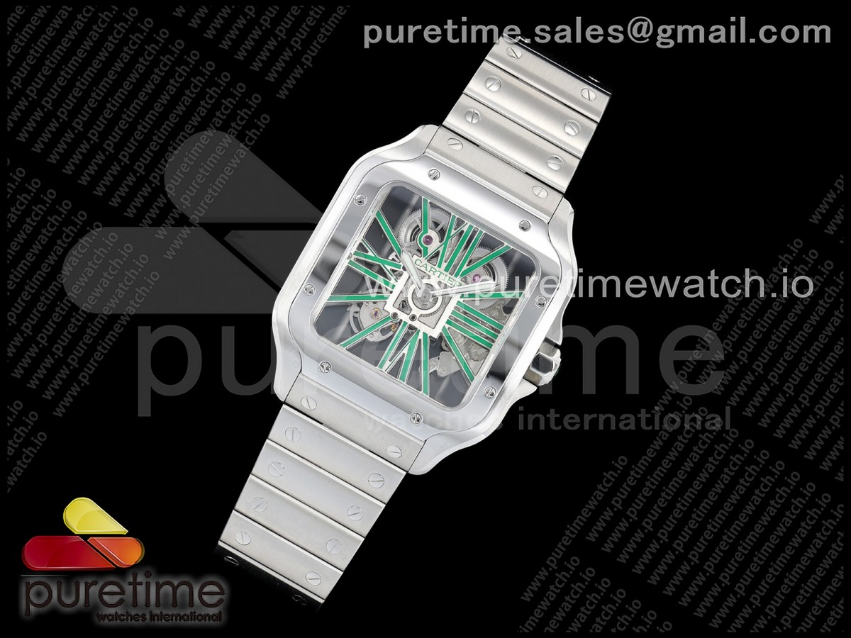 Santos Skeleton SS RICH 1:1 Best Edition Skeleton Green Dial on SS SmartLink Bracelet 9611MC Super Clone V2