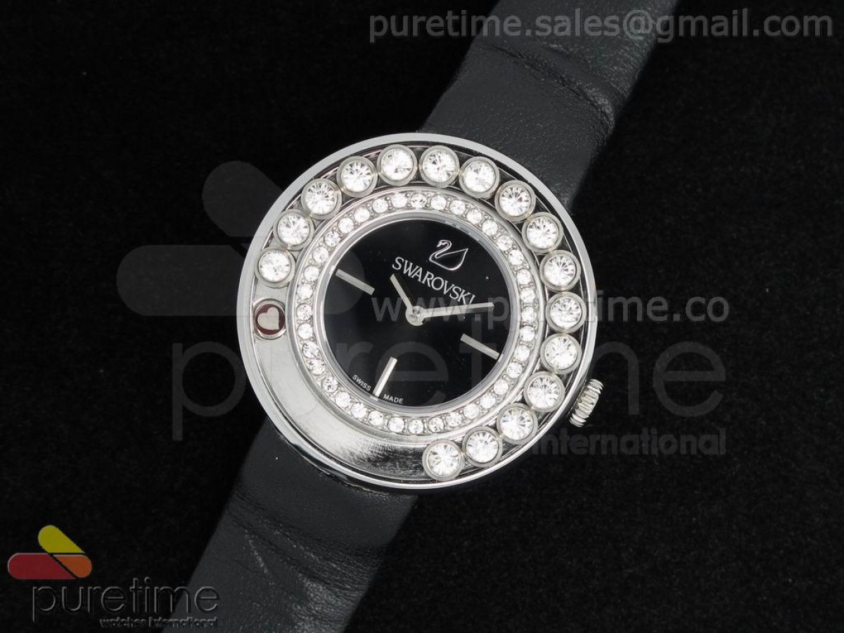 Lovely Crystals SS Black Dial on Black Leather Strap ETA Quartz