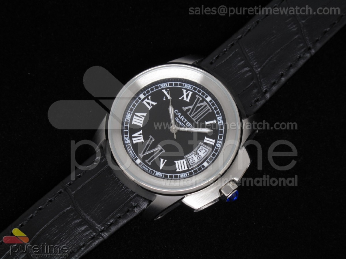 Calibre de Cartier 35mm SS Black Dial on Black Leather Strap Quartz