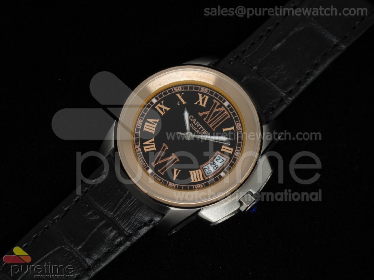 Calibre de Cartier 35mm SS Black Dial RG Bezel on Black Leather Strap Quartz