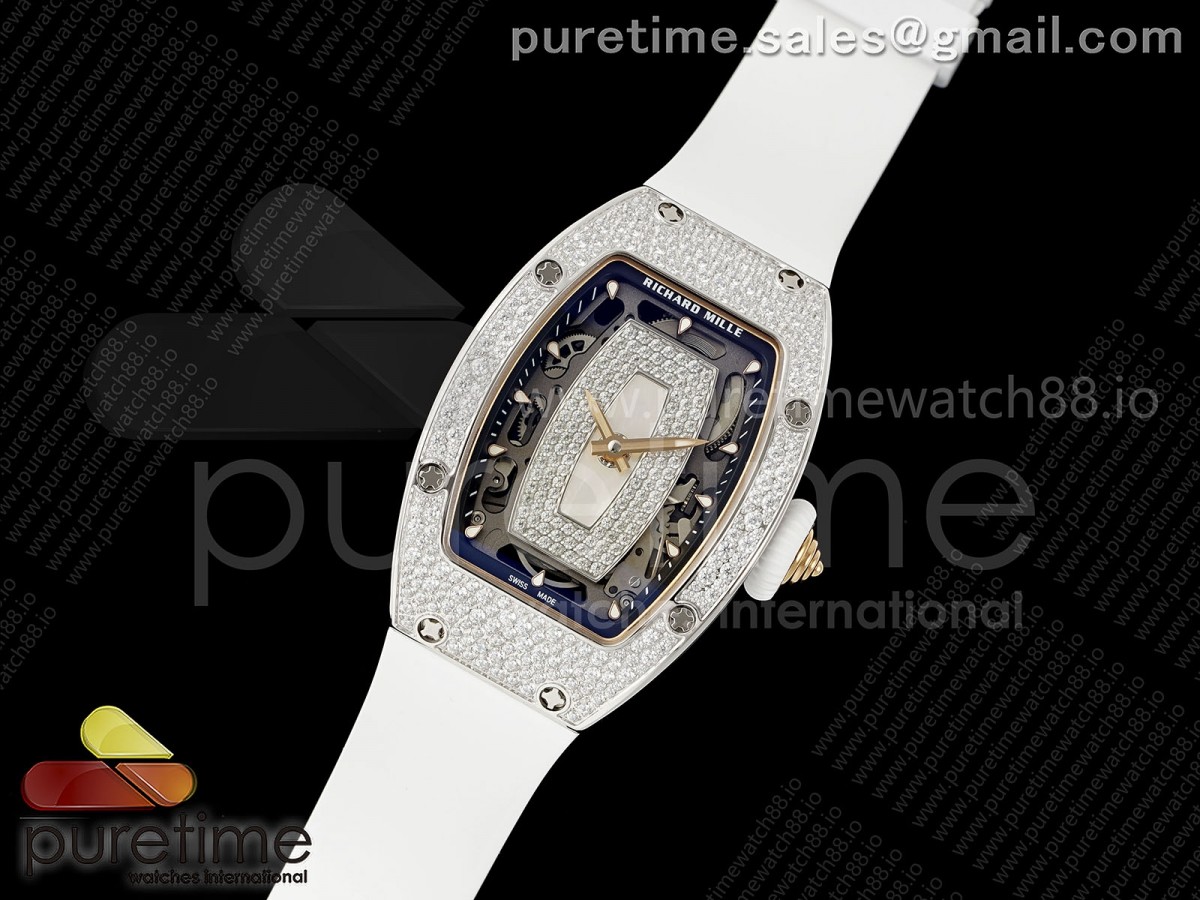 RM07 Ladies Snow Diamonds SS ZF 1:1 Best Edition White Dial on White Rubber Strap CRMA2 Clone