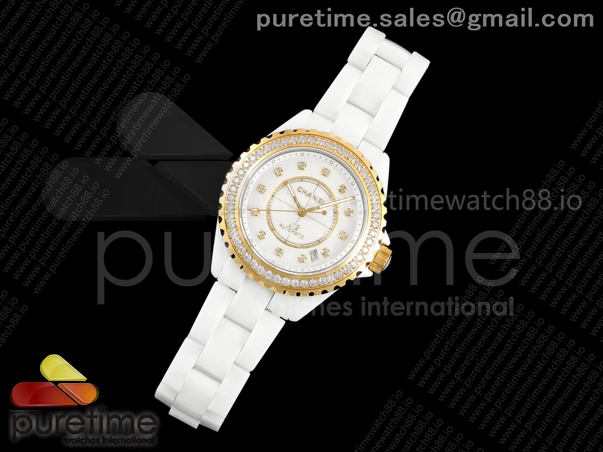 J13 38mm HTF 1:1 Best Edition White Korea Ceramic White Dial YG Diamonds Bezel on Bracelet A12.1