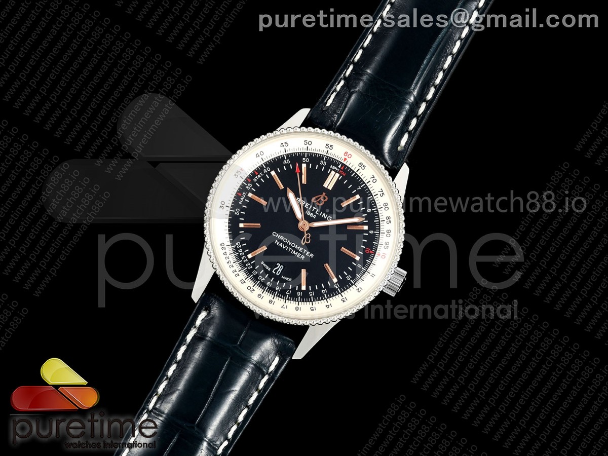 Navitimer 41 Date SS TF 1:1 Best Edition Black Dial on Black Leather Strap A2824