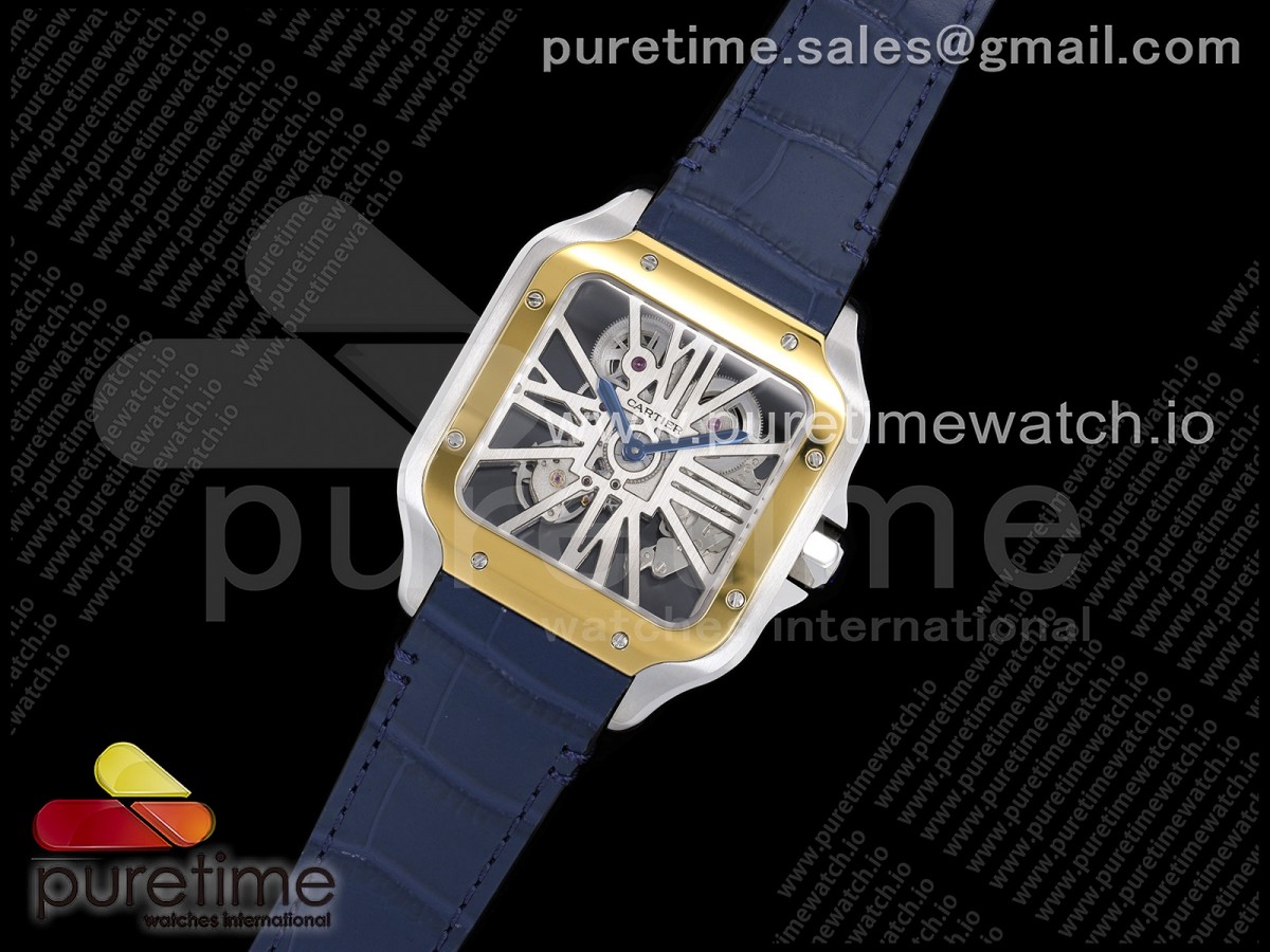 Santos Skeleton SS/YG RICH 1:1 Best Edition Skeleton Dial on Blue Leather Strap 9611MC Super Clone V2