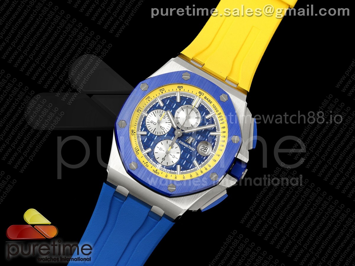 Royal Oak Offshore 44mm SS Blue Ceramic Bezel JF 1:1 Best Edition Blue/Yellow Dial on Rubber Strap A3126