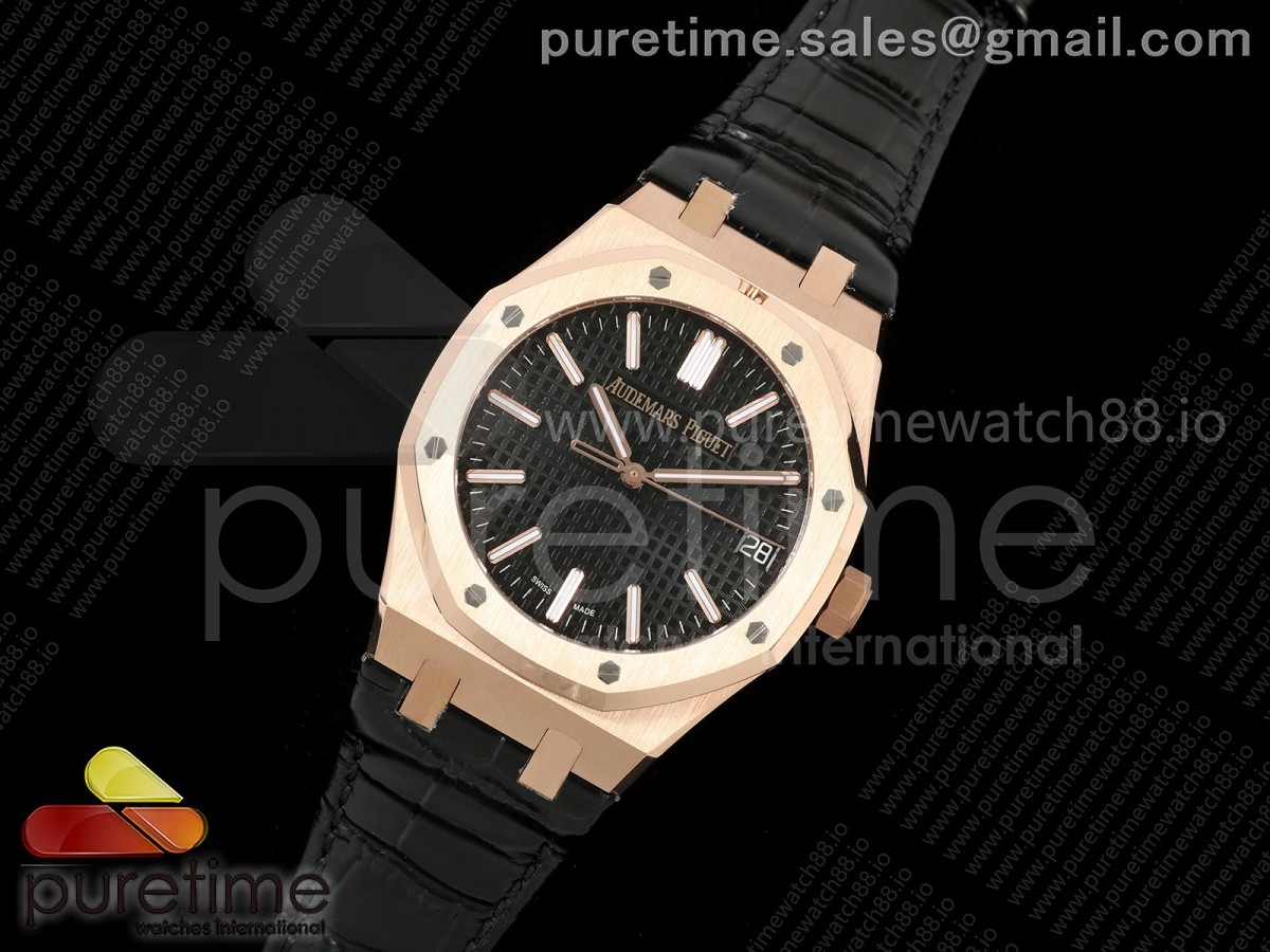 Royal Oak 15510 RG APSF 1:1 Best Edition Black Dial on Black Leather Strap SA4302 Super Clone V3 (Free Sprung)