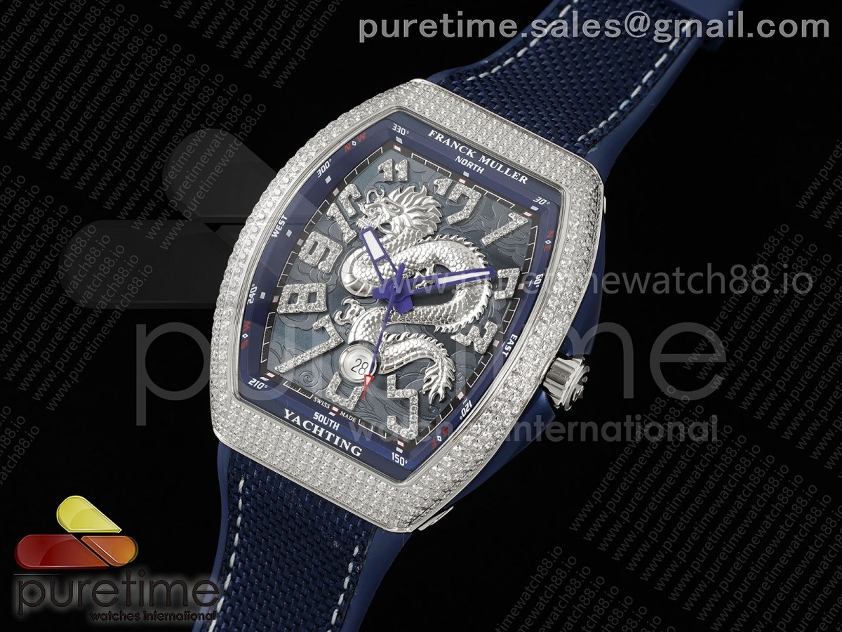 Vanguard V45 SS Full Diamonds ABF Best Edition Silver Dragon Blue Dial on Blue Gummy Strap A2824