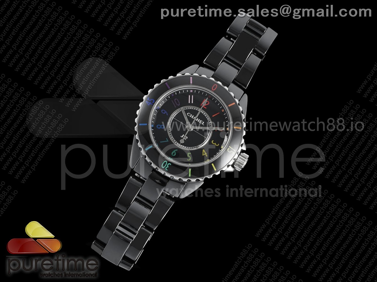 J13 33mm HTF 1:1 Best Edition Black Korea Ceramic Black Dial Colourful Markers on Bracelet ETA Quartz