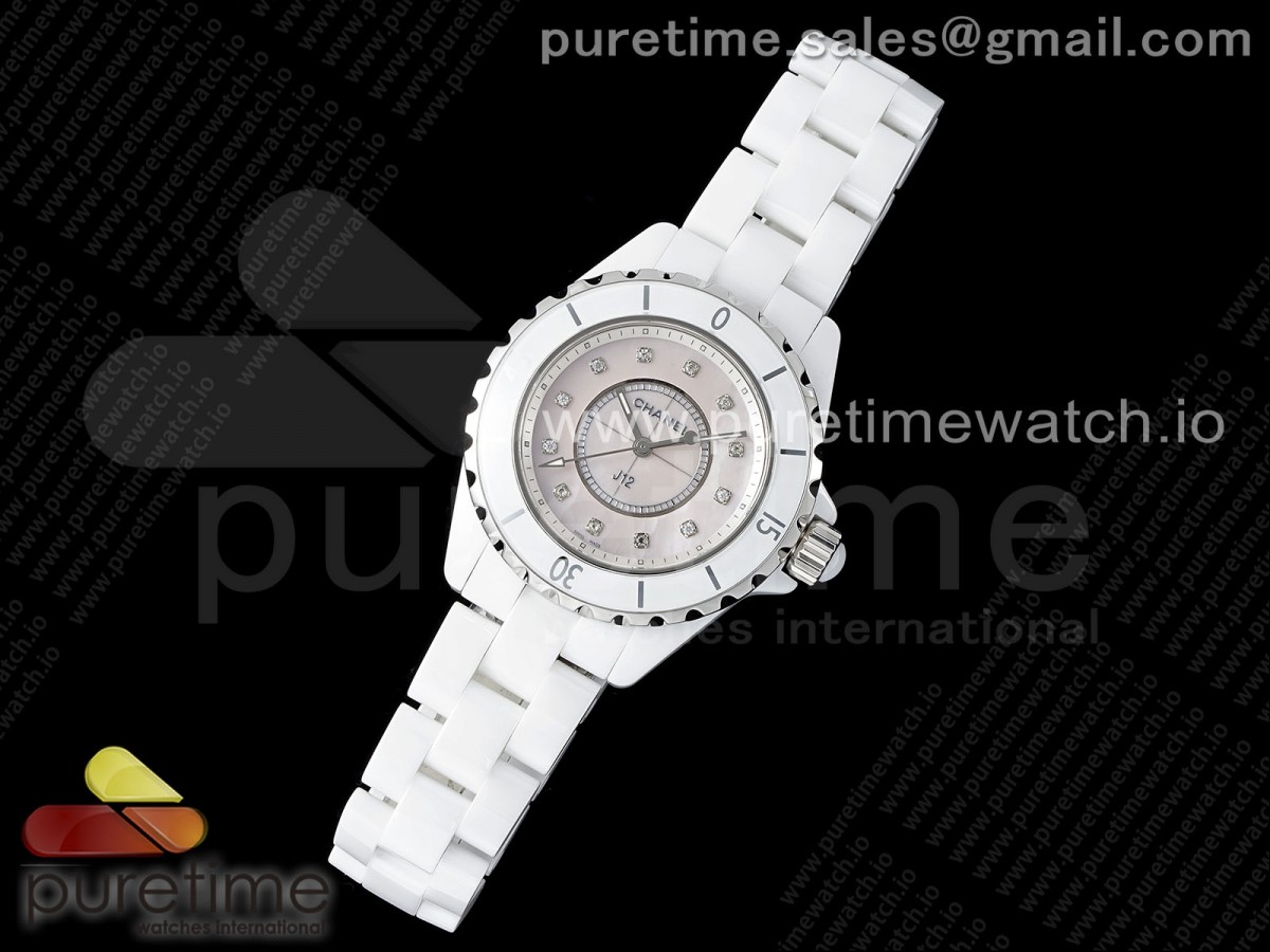 J13 33mm XF 1:1 Best Edition White Korea Ceramic Pink No Date Diamonds Dial on Bracelet Swiss Quartz