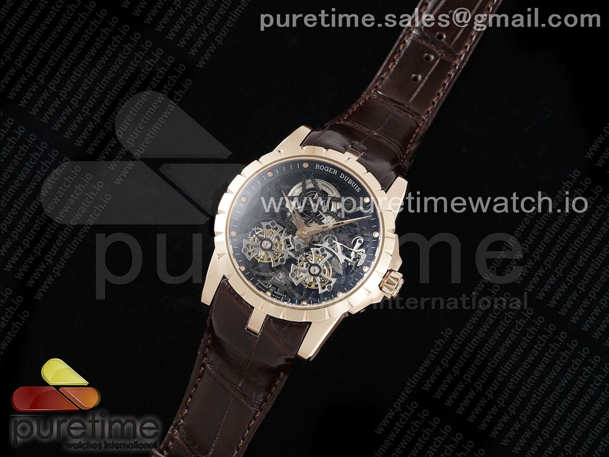 Excalibur Skeleton Double Flying Tourbillon RG YSF Best Edition on Brown Leather Strap