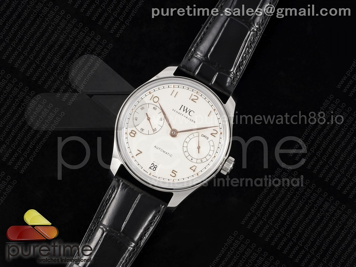 Portugieser Automatic 42mm SS APSF 1:1 Best Edition White Dial RG Marker on Black Leather Strap A52010