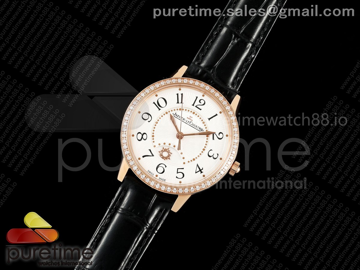 Rendez-Vous Night & Day RG APSF 1:1 Best Edition White Dial Diamonds Bezel on Black Leather Strap SA898