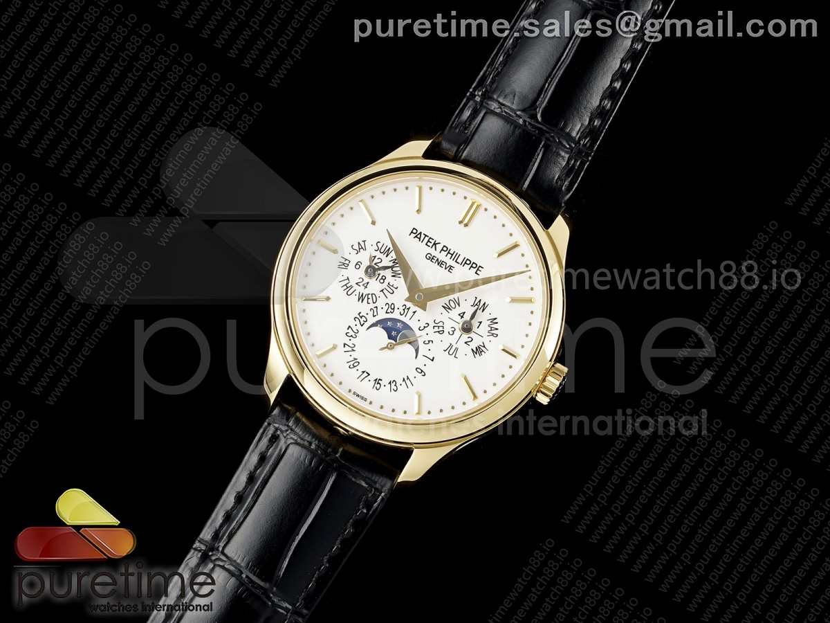 Perpetual Calendar 5140 YG 3KF Best Edition White Dial on Black Leather Strap A240