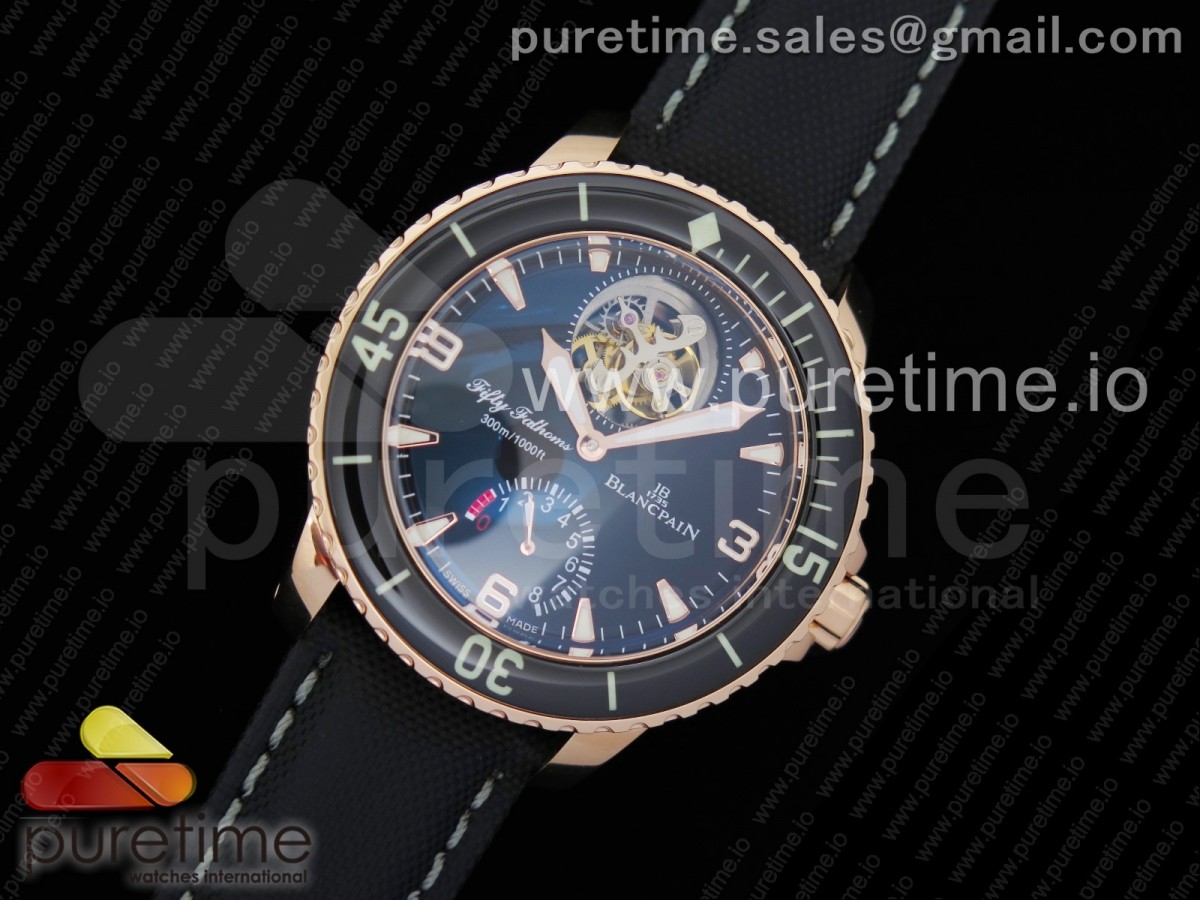 Fifty Fathoms Tourbillon RG Real PR JBF Best Edition Black Dial on Black Nylon Strap (Free Extra Strap)