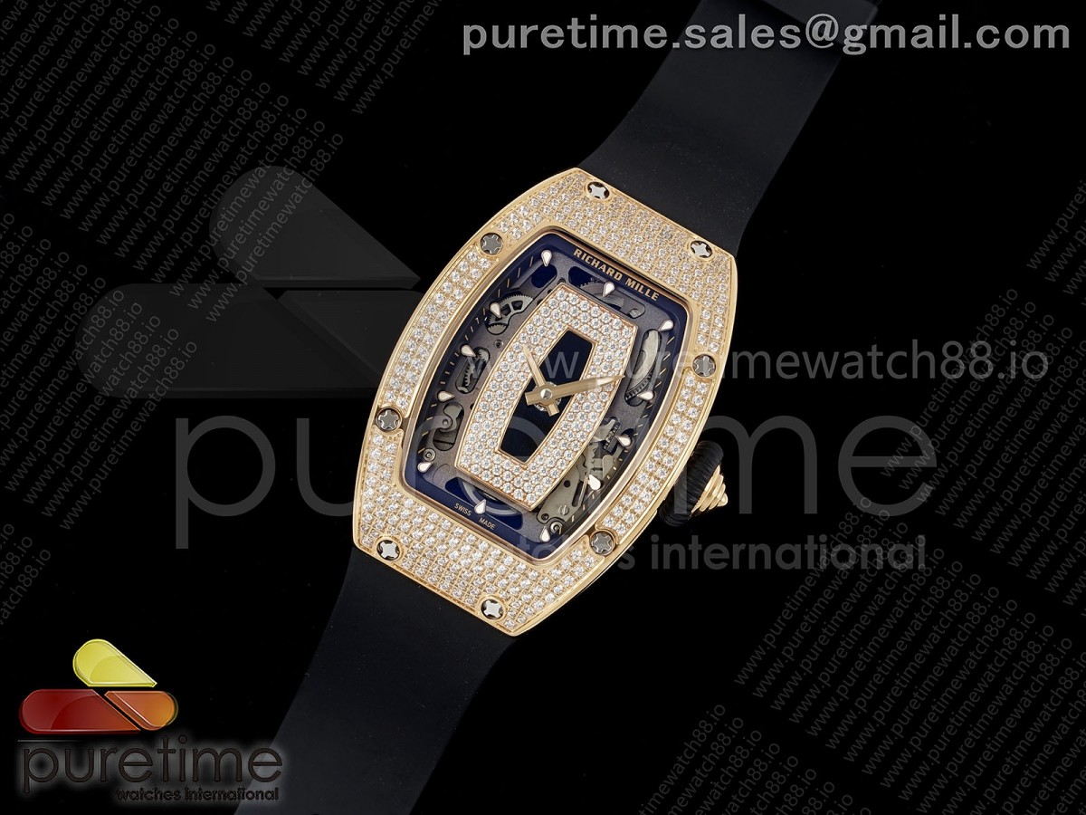 RM07 Ladies Full Diamonds RG ZF 1:1 Best Edition Black Dial on Black Rubber Strap CRMA2 Clone