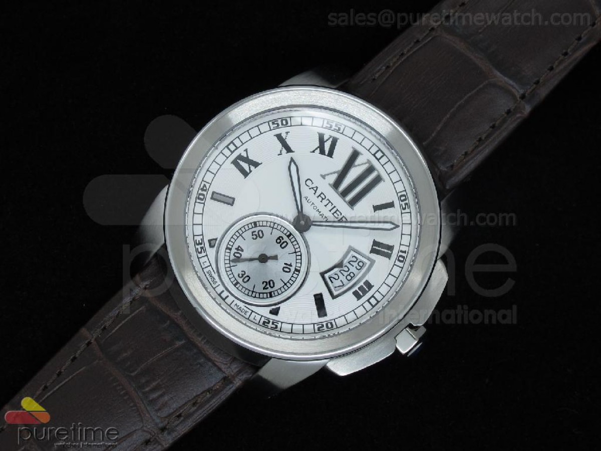 Calibre de Cartier SS White Dial on Brown Leather Strap A2824