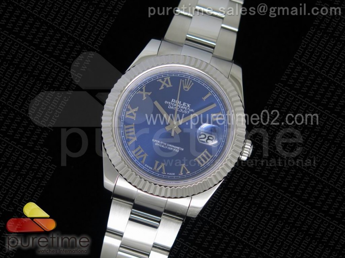 DateJust II SS Fluted Bezel Blue Dial Roman Numerals on SS Bracelet A3136