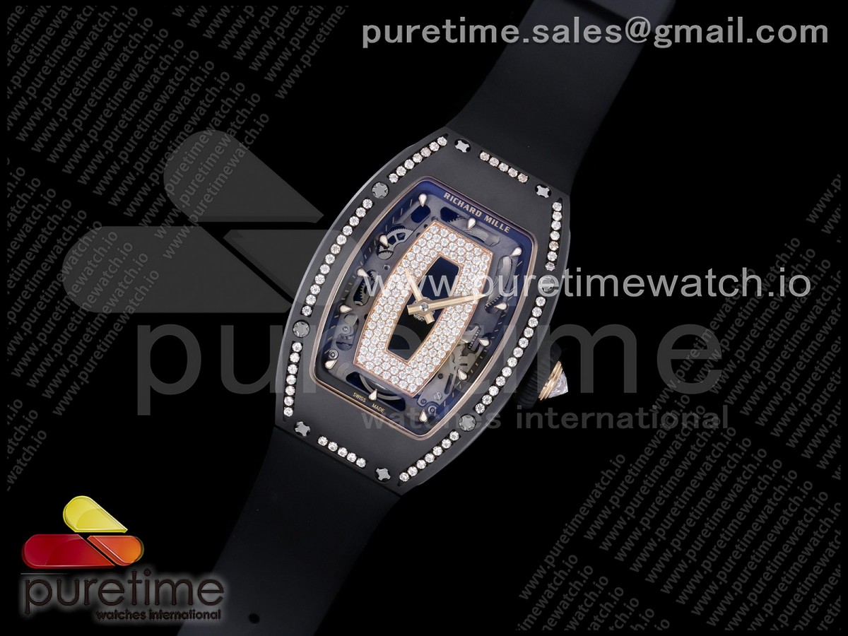 RM07 Ladies Black Ceramic Diamonds Bezel ZF 1:1 Best Edition Black Dial on Black Rubber Strap CRMA2 Clone