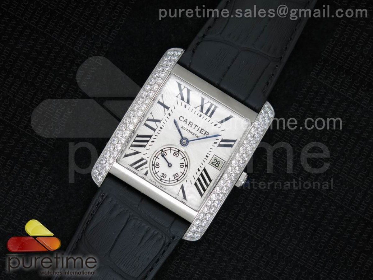 Tank MC SS White Textured Dial Diamonds Bezel on Black Leather Strap MIYOTA 9015